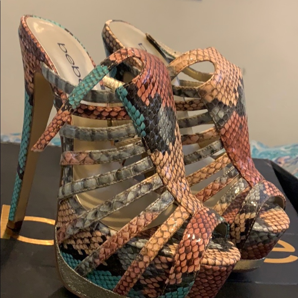 Bebe snake skinned multi colored high heels